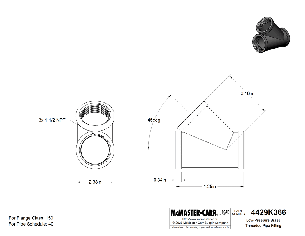 Technical Drawing of Low-Pressure Brass Threaded Pipe Fitting, Wye Connector, 1-1/2 NPT Female.